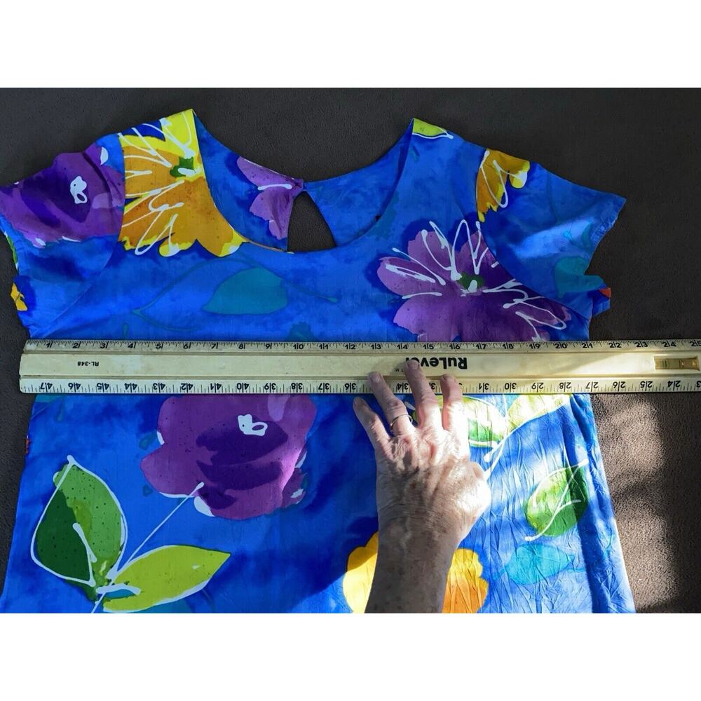 Jams World Sz L Hula Moon Trademark Hawaii Shift Cobalt Blue Yellow Floral Dress - Picture 7 of 9